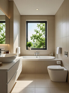 Bright modern bathroom with beige tiles, white bathtub. Large window shows green trees outside. Elegant sink vanity with mirror, toilet set in cozy room. Comfortable wellness space featuring natural