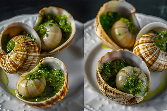 Gourmet escargot with herb butter in shells on white plate