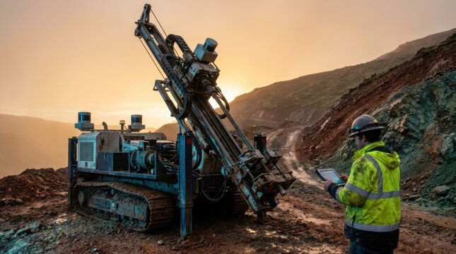 Autonomous drilling rig with lidar sensors on a mineral hillside as a geologist monitors tablet guidance at a safe distance