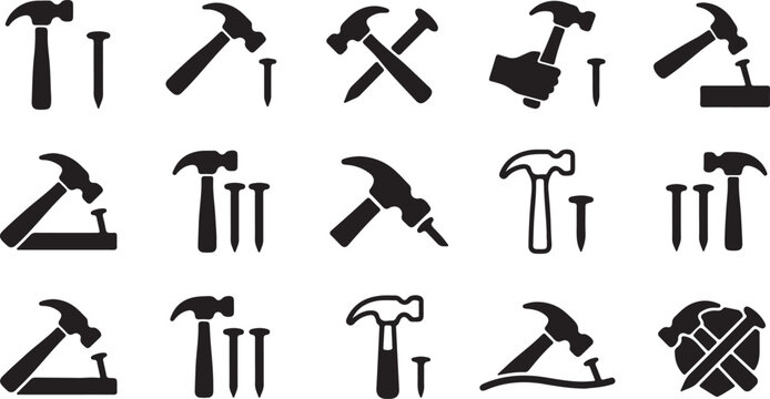 Set of various hammer icons and tools illustration