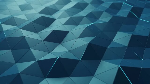 Abstract blue low poly geometric terrain with moving mesh surface
