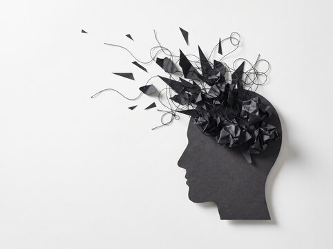 Black paper head silhouette with exploding paper shards and wire, mental breakdown