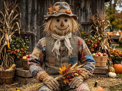 Friendly scarecrow sitting in front of a rustic wooden barn