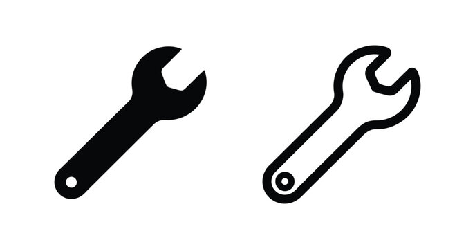 Wrench Or Spanner Tool Icon Set Featuring Black Glyph And Outline Styles, Repair Equipment, Construction Tools, Mechanical Service Symbols, DIY Maintenance, And Vector Illustration Isolated On.