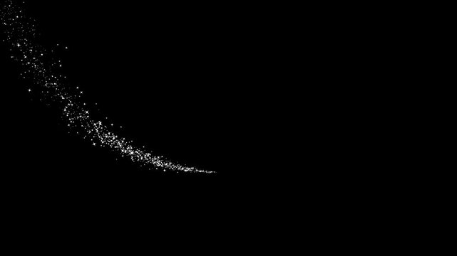 Curved white sparkle stream with glowing twinkling stars and floating fairy dust tracing a smooth crescent path, elegant fantasy animation isolated on black background. 4k
