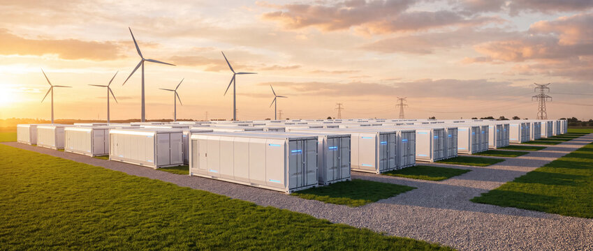 Battery energy storage system near wind turbines features modern white modular containers on a grassy field under warm sunset sky for clean power grid presentations for commercial technology