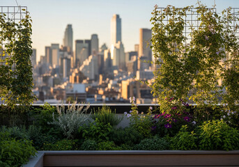Fototapeta premium Urban rooftop garden with city skyline backdrop