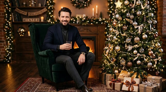 Smiling man sitting in armchair holding whiskey glass in front of christmas tree and fireplace.