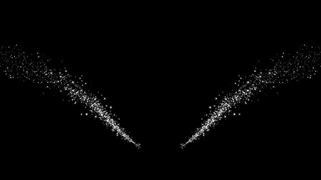 Luminous white fairy dust ribbons crossing into a graceful center with blinking glitter stars dissolving into darkness, magical particle transition on black screen background in 4k.
