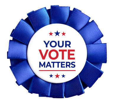 Your Vote Matters Campaign Button Badge with Patriotic Red White and Blue Ribbon Isolated on Transparent Background