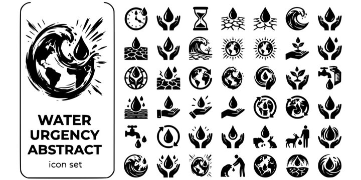 Water Conservation Urgency Abstract Black White-Last Drop Surge Scarcity Wave-Planet Energy Vector-Urgency Icon Abstract-Water Conservation Design Set