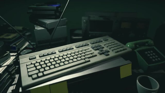 Low lit writer desk with keyboard lamp, scattered notes, sticky flags, vintage calculator, creative clutter, quiet focus and cinematic grain for editorial