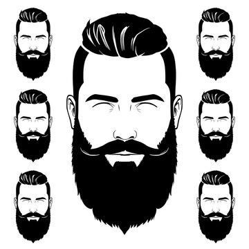 Man face portrait with full beard moustache and haircut black silhouette vector collection .
