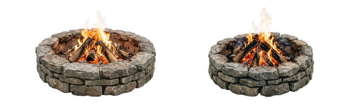 Stone fire pits with burning wood isolated on transparent background