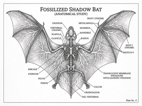 Halloween bat anatomical study diagram. Vintage style fossilized creature scientific chart.