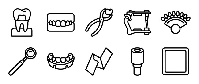Dental and orthodontic equipment line icon set featuring professional tools for stomatology, such as a tooth implant, prosthesis, forceps, and a dental mirror for oral healthcare
