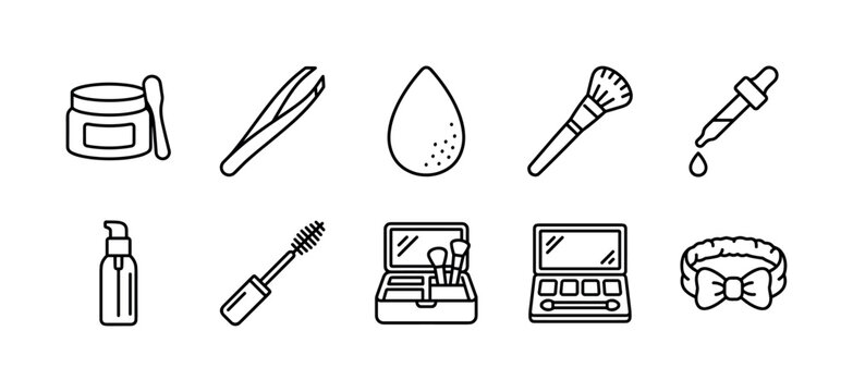 Cosmetic and skincare line art icon set featuring various beauty products and tools for daily routine, including mascara, brush, cream, and eyeshadow palette in a minimalist vector style