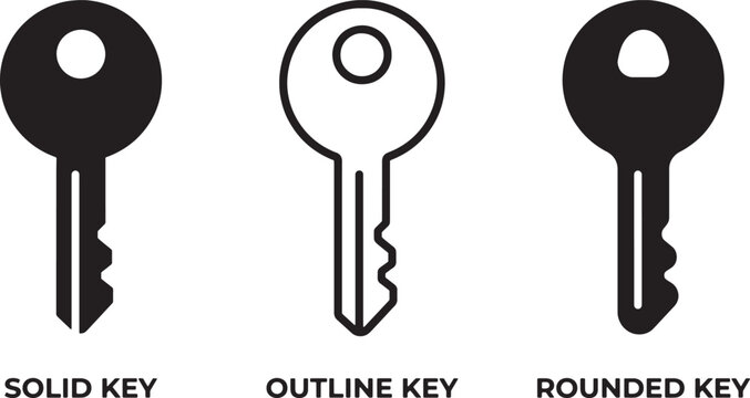 Set of three different types of keys: solid, outline, rounded. Various key styles for locks and security solutions.