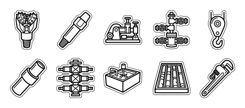 Set of black and white oilfield equipment icons featuring a drill bit, pump, wellhead, and other industrial tools for the petroleum extraction industry in a simple line art sticker style