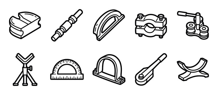 Set of mechanical parts and tools icons showing various industrial components like clamps, holders, levers, and a protractor in a bold black and white line art style