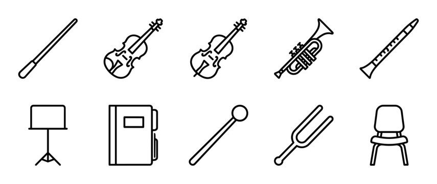 Set of minimalist black outline icons depicting classical music instruments and orchestra equipment, including a violin, trumpet, clarinet, conductor's baton, and a tuning fork