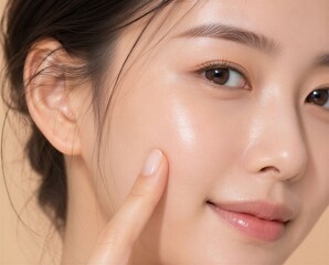 Obraz premium Close up portrait of a young woman touching her smooth glowing clean skin on her face with skincare