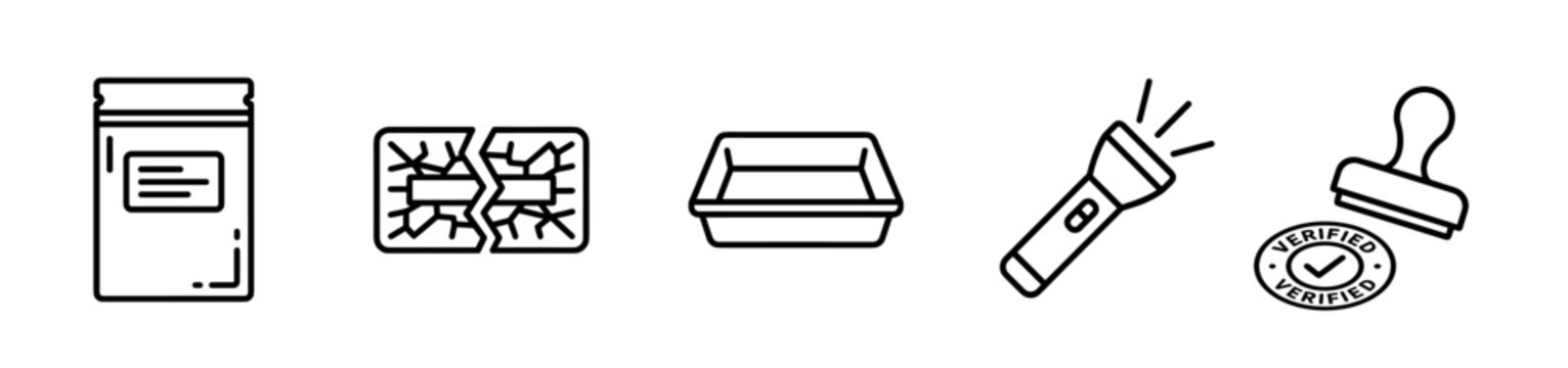 Set of black line art icons featuring a medicine bottle, a cracked fragile item, a tray, a flashlight, and a verified rubber stamp seal for graphic design elements