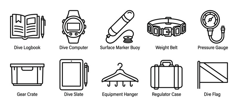 Set of scuba diving equipment icons showing a logbook, computer, buoy, weight belt, gauge, crate, slate, hanger, case, and flag in a clean, minimalist line art style for water sports