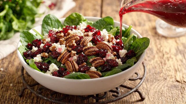 Fresh salad with cranberries pecans and feta cheese being dressed.