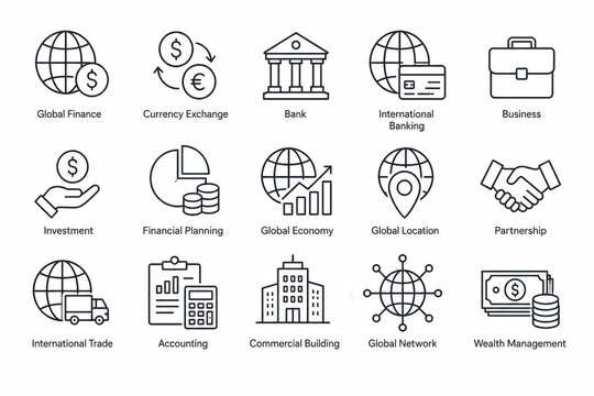 Set of simple black line icons for business and finance web design
