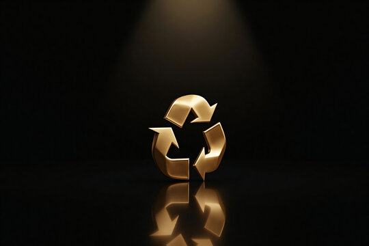 Golden recycling symbol illuminated by spotlight on black reflective surface representing sustainability, environmental protection, circular economy, and green energy concepts