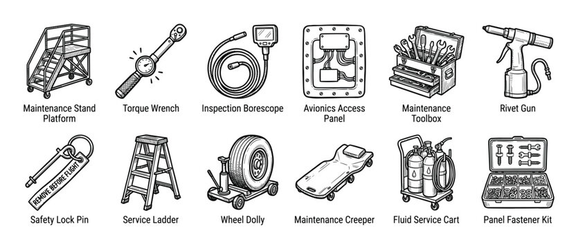 Collection of aircraft maintenance equipment icons in a hand-drawn sketch style, including a torque wrench, toolbox, rivet gun, and service ladder for aviation repair and service