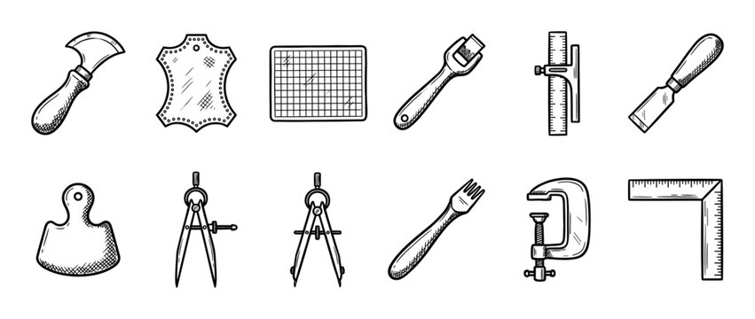 Set of hand-drawn leatherworking tools and equipment icons for crafting, including a knife, compass, ruler, clamp, and leather hide, in a black and white sketch style illustration