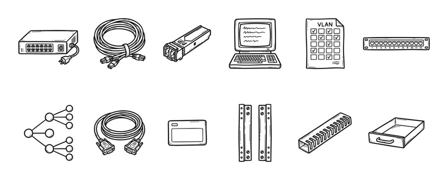 Hand-drawn collection of computer networking equipment icons featuring a switch, patch panel, cables, laptop, and server rack parts in a simple line art sketch style
