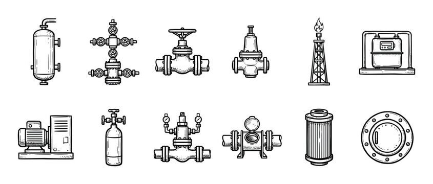 Set of hand-drawn oil and gas industry equipment icons featuring various valves, pipes, a pressure vessel, a flare stack, and a gas meter in a black and white sketch illustration style