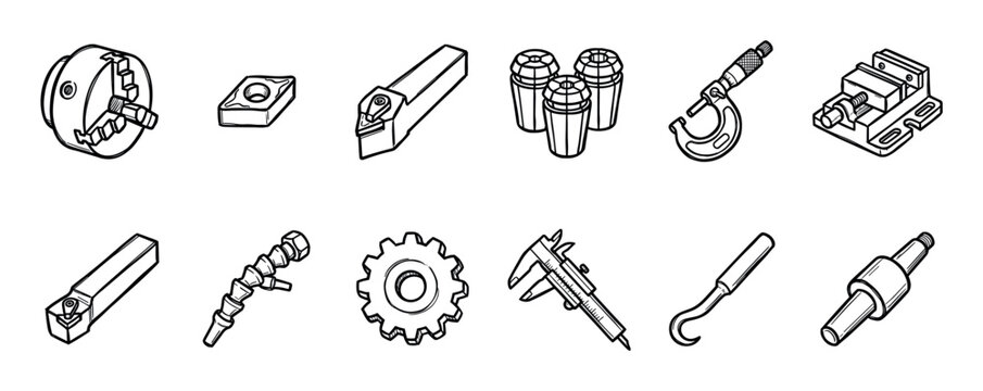 Hand-drawn collection of metalworking and machining equipment, featuring a lathe chuck, vise, measuring tools, cutting inserts, and a gear in a clean black and white outline illustration style