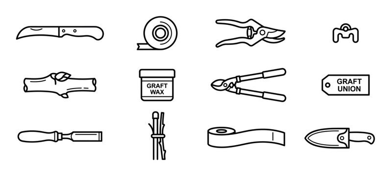 Set of black line icons for plant grafting showing various gardening tools and equipment like knives, shears, tape, and wax for horticultural propagation and plant care