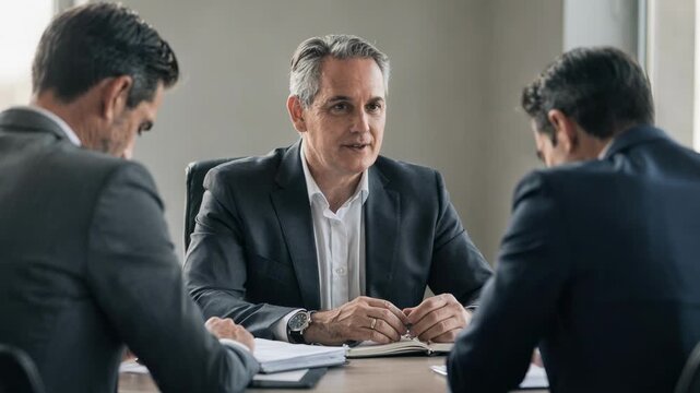 Focused medium shot of a loan counselor discussing consolidation options with a midcareer client highlighting the advisors gestures against a muted background.