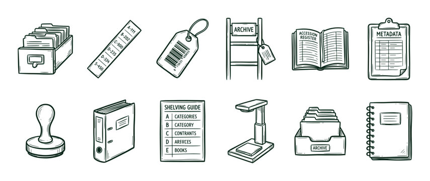 Set of hand-drawn archive and library icons in a green sketch style, featuring a card catalog, metadata clipboard, binder, scanner, and rubber stamp for documentation concepts