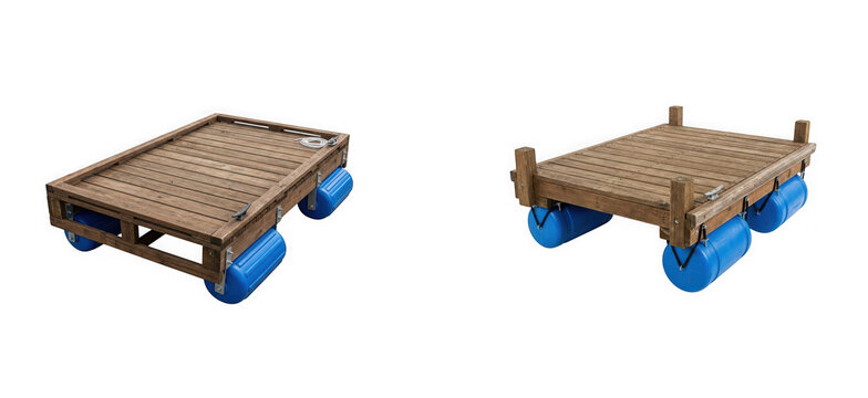 Two wooden floating docks with blue barrels isolated on transparent background