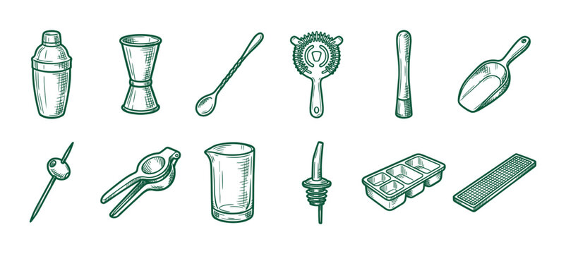 Collection of green hand-drawn bartender tools for making cocktails, including a shaker, jigger, and strainer, presented in a vintage sketch style illustration set