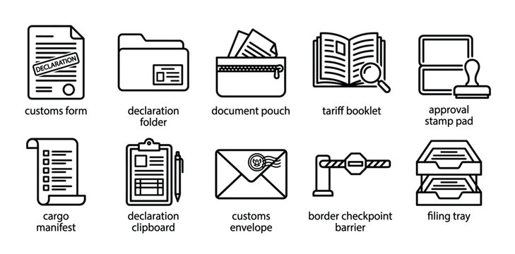 Customs declaration and border control line icon set showing forms, documents, stamps, and a checkpoint barrier for international trade and travel concepts in a simple vector illustration