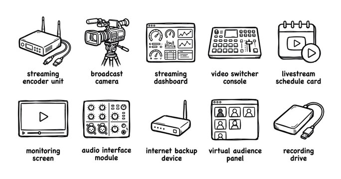 Hand-drawn live streaming and broadcasting equipment icons set showing a camera, video switcher, audio interface, and encoder in a simple black and white doodle illustration style