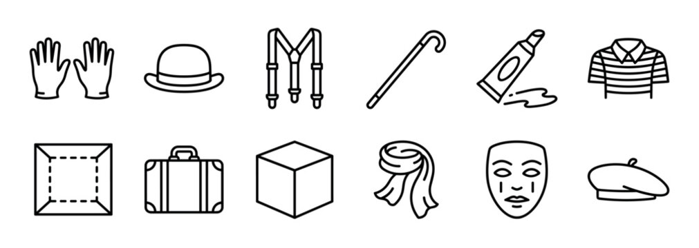 Set of mime artist icons showing performance props and costume elements in a simple black line art style, including gloves, a hat, suspenders, a cane, a mask, and a beret