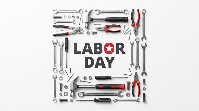 A flat lay composition of various hand tools arranged in a square frame surrounding the text Labor Day, celebrating work and craftsmanship on a clean background.