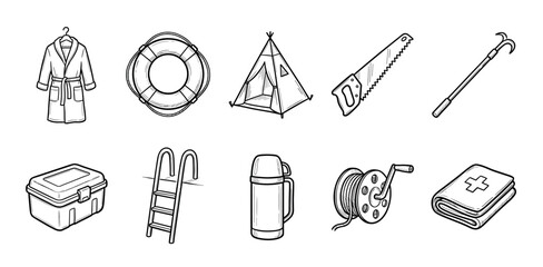Fototapeta premium Ten hand-drawn black and white doodle icons featuring a tent, lifebuoy, saw, thermos, bathrobe, and other objects for camping, safety, and leisure activities in a clean sketch style