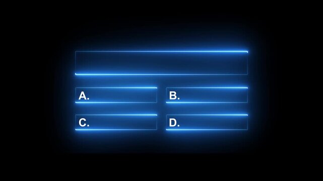 Neon glowing quiz interface template with multiple choice options a b c d