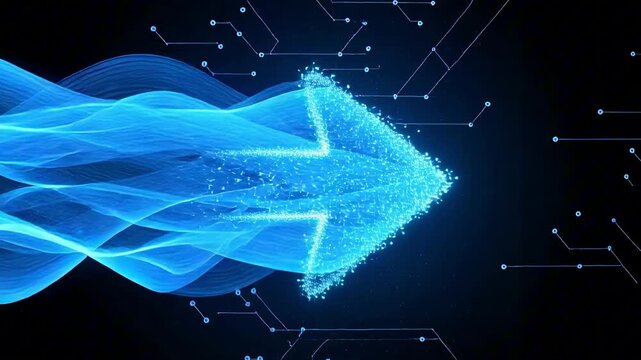 Glowing blue particle arrow pointing right with flowing data waves on a dark futuristic circuit board background representing business transformation and digital technology progress.