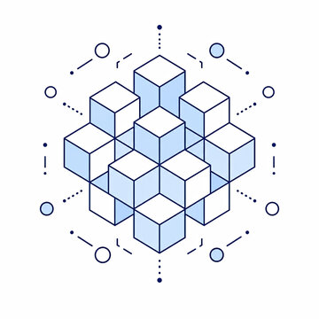 Abstract geometric cube shape with lines and dots in blue