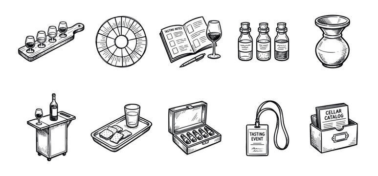Hand-drawn wine tasting icon set collection featuring a flight, aroma wheel, tasting notes, and sommelier equipment in a black and white sketch style for oenology concepts